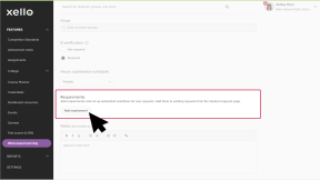 A student opportunity is opened and scrolled towards the bottom. The Requirements section is highlighted with the cursor clicking Add requirement.